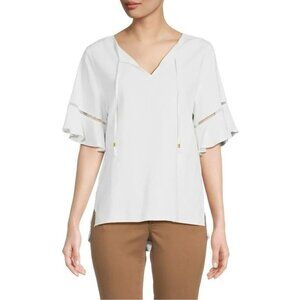 NWT New $89 Ellen Tracy Tie Neck Linen Blend White Top Size M